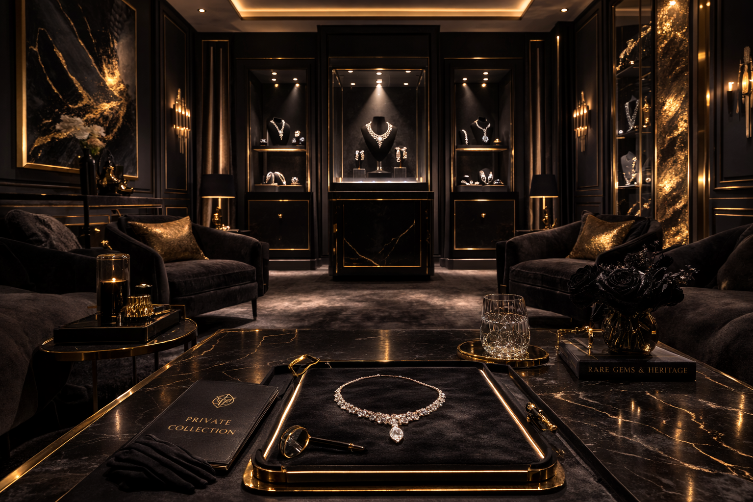 Private viewing room with curated jewelry showpieces for exclusive clients